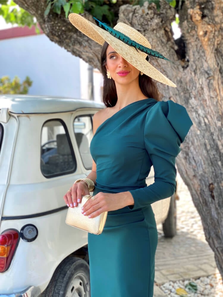 Vestido verde Elástico Con Manga Abullonada
