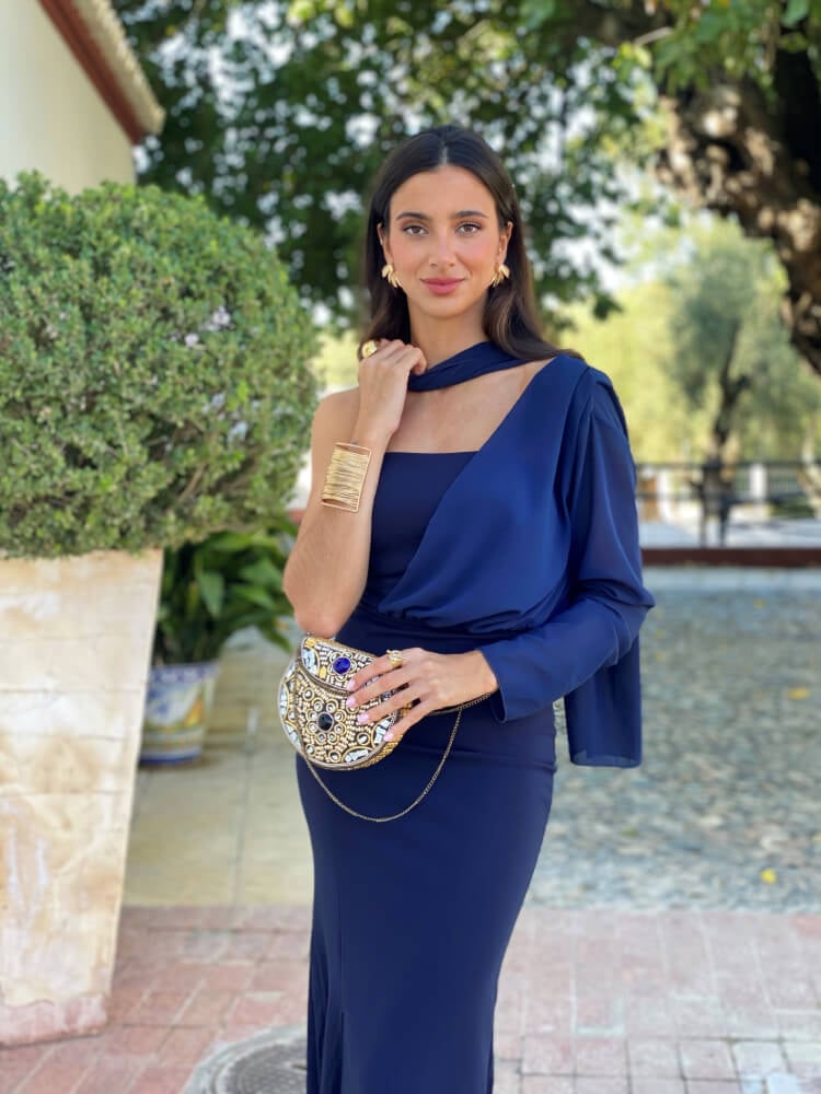 Vestido Azul Elástico Con Chal