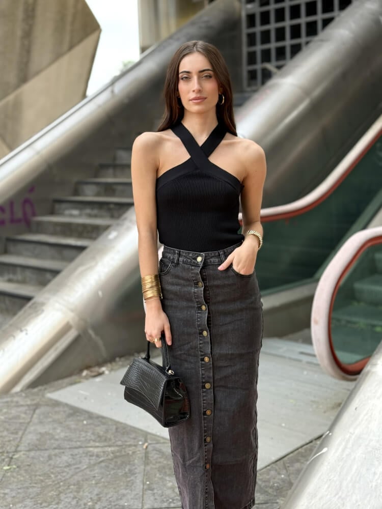Falda Midi Vaquera con Botones