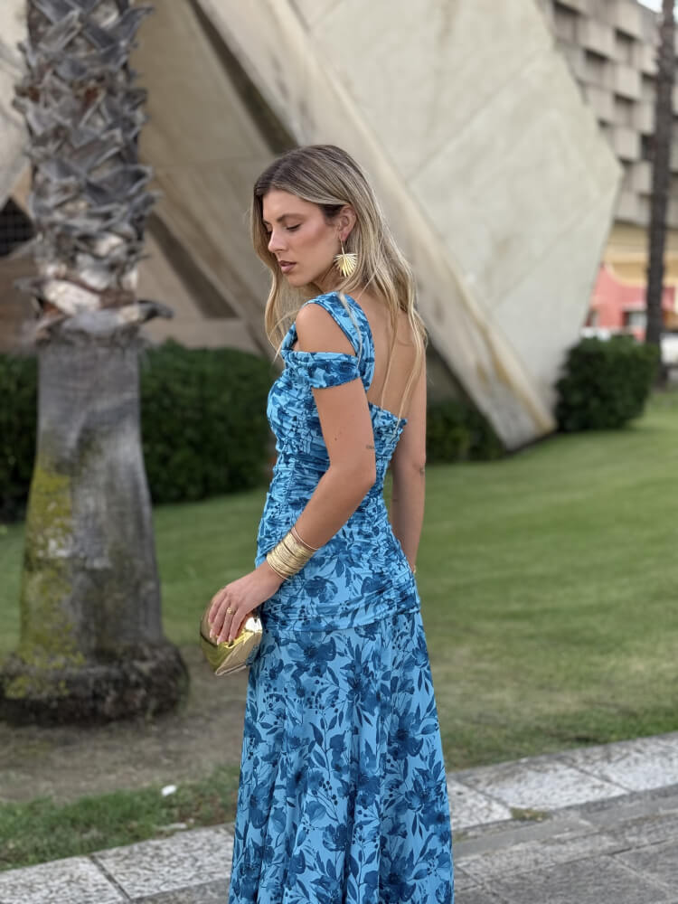 Vestido Azul de Licra Fría Drapeado