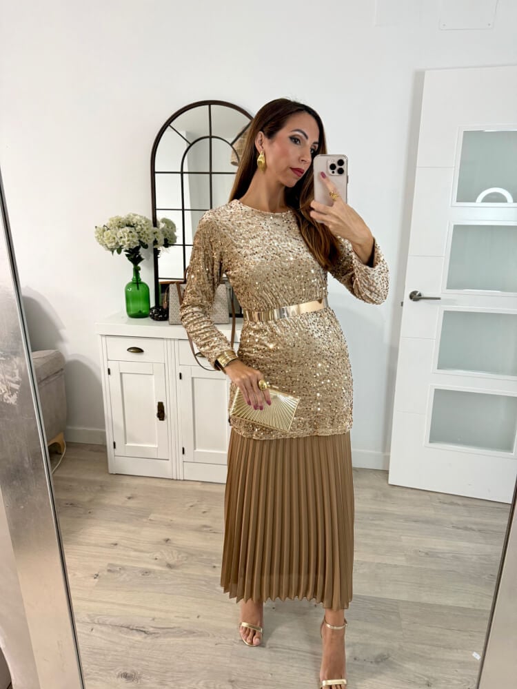 Vestido Dorado Lentejuelas Superiores
