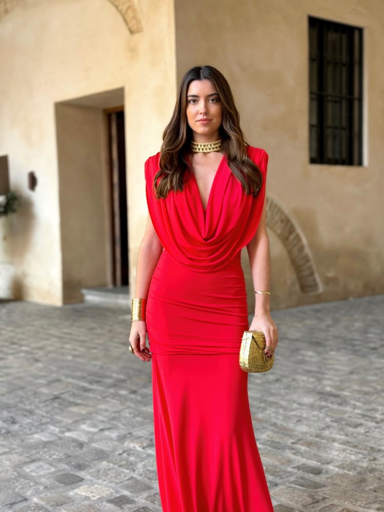 Vestido Rojo Con Hombreras Estructuradas