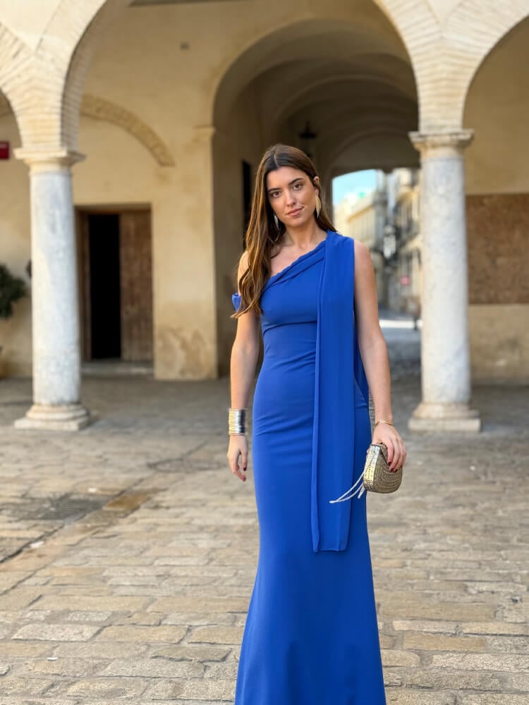 Vestido Azul Largo En Crespón