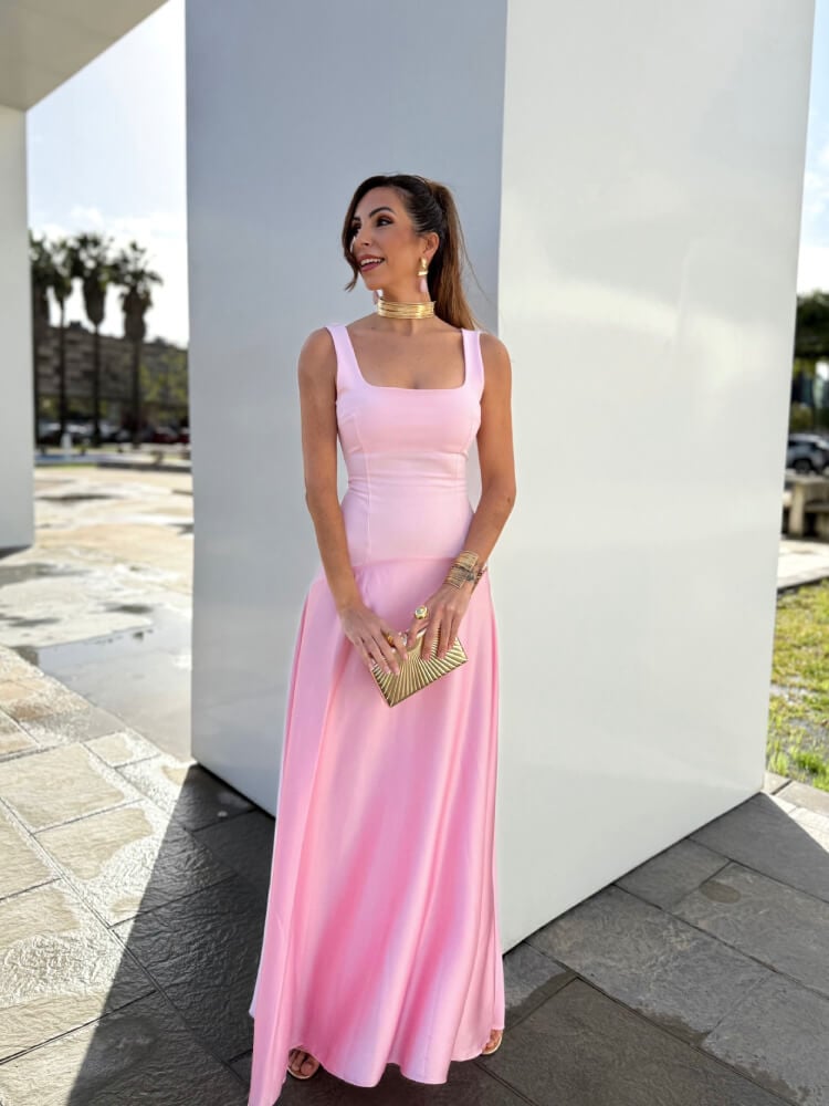 Vestido Rosa Detalle Cuerpo Crespón