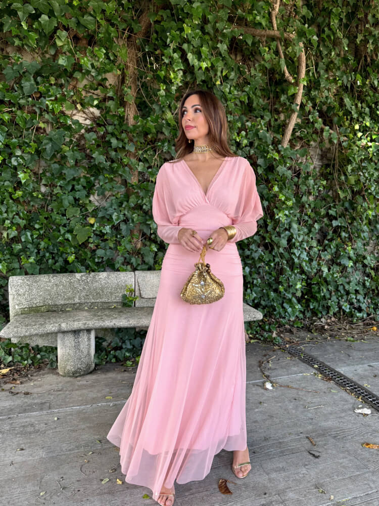 Vestido Rosa Manga Drapeada