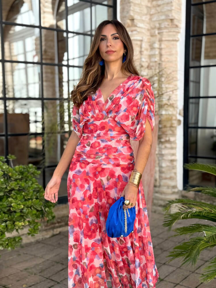 Vestido Largo Tul Estampado Rojo