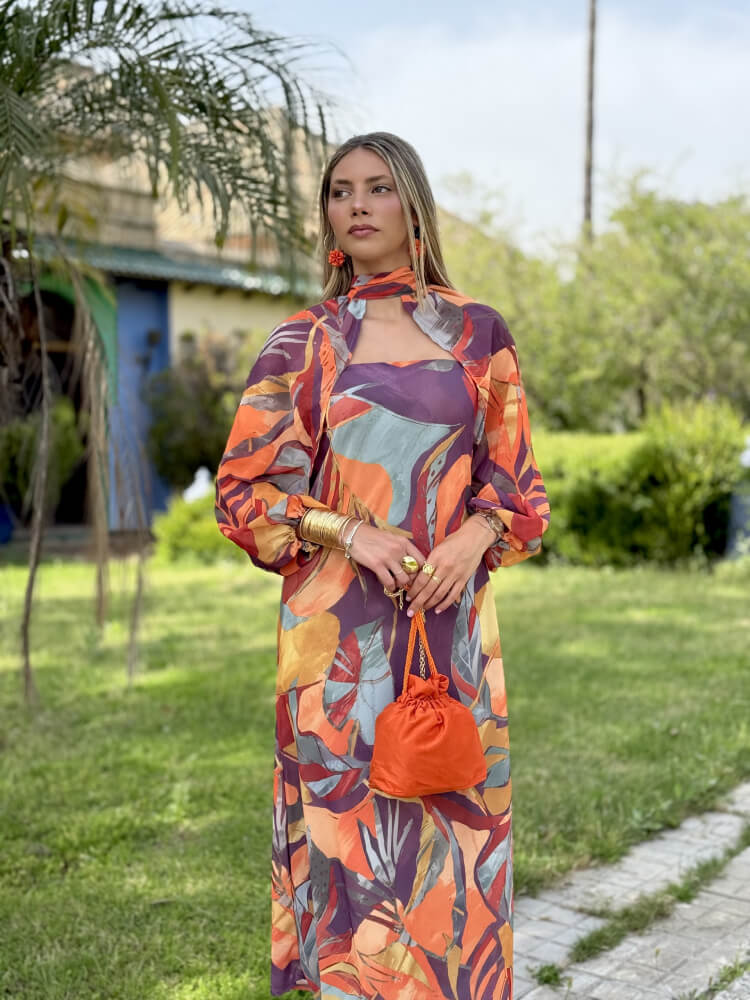 Vestido palabra de honor estampado naranja