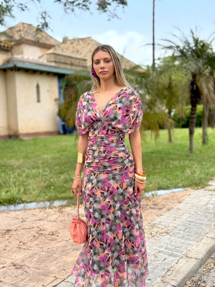 Vestido estampado hojas rosados malvas grises y blancos