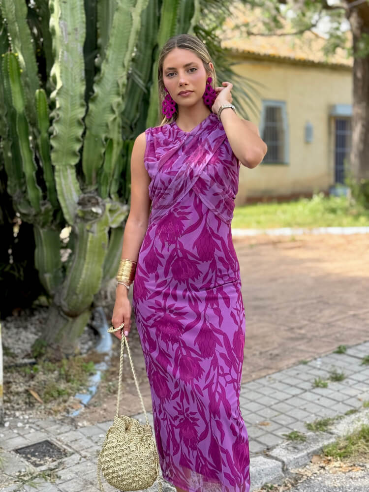 Vestido floral morado y magenta en gasa elástica fluida