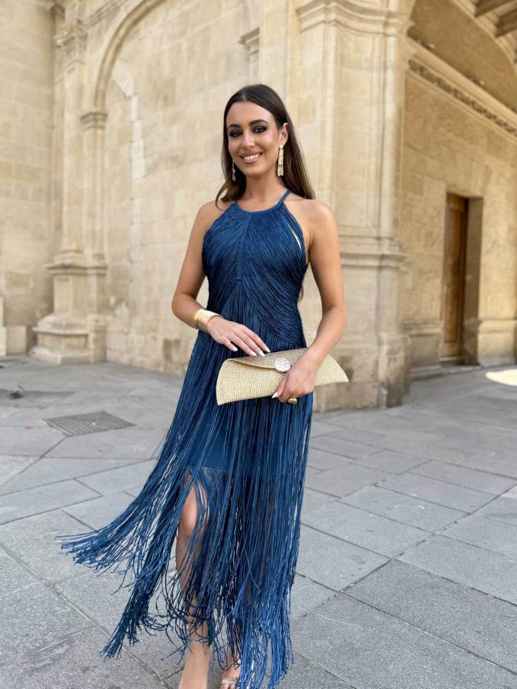 Vestido midi de flecos color azul petróleo