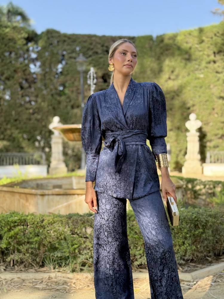 Conjunto de chaqueta y pantalón azul noche jacquard