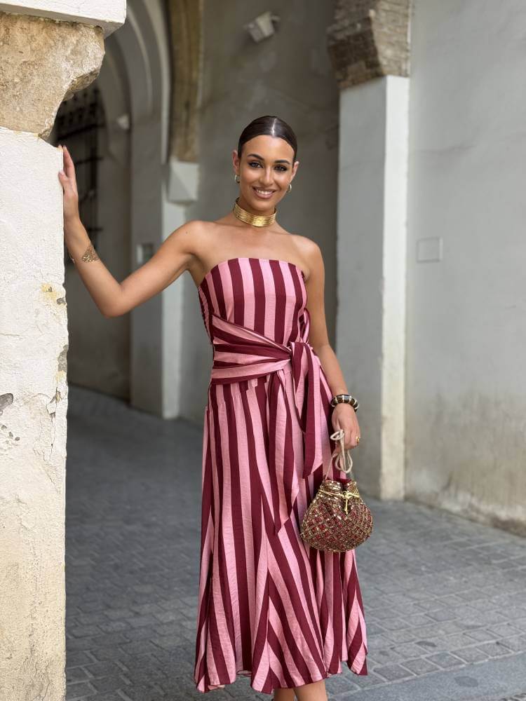 Vestido Rayas Rosa y Vino